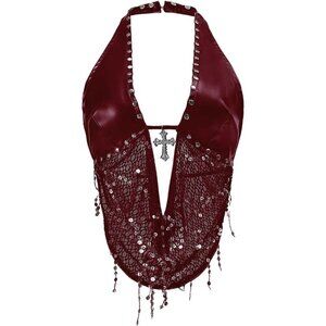 Women's Burgundy Gothic Grunge PU Leather Sparkly Halter V Neck Vest Crop Top